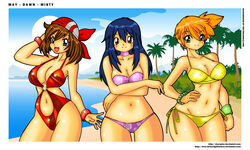 3girls big_breasts blue_eyes blue_hair brown_hair dawn_(pokemon) female female_only green_eyes human human_only kasumi_(pokemon) may_(pokemon) misty_(pokemon) multiple_girls pokemon red_hair skyraptor