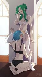 2girls adoptive_siblings blue_hair blush bra bramblefix closed_eyes cunnilingus elincia_ridell_crimea feet female female_pubic_hair fire_emblem fire_emblem:_radiant_dawn green_hair high_resolution kneeling lesbian_sex lingerie lucia_(fire_emblem) multiple_girls oral pantsu pubic_hair soles standing stockings underwear yuri