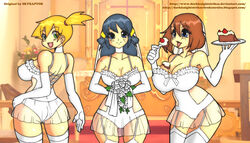 3girls alternate_breast_size big_breasts blue_eyes blue_hair bride brown_hair dawn_(pokemon) female female_only green_eyes human human_only kasumi_(pokemon) may_(pokemon) misty_(pokemon) multiple_girls pokemon red_hair skyraptor wedding_dress