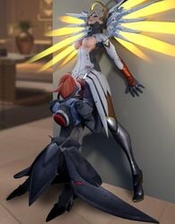 2girls 3d blender blizzard_entertainment blonde_hair breasts cunnilingus duo female female_only mercy moira momma-sleeptalker orange_hair overwatch wings yuri