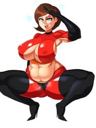 1girls abs absurdres armpits breasts cleavage disney elastigirl female female_only helen_parr highres huge_breasts pixar pregnant solo spread_legs squatting steam sweat the_incredibles xiceowl