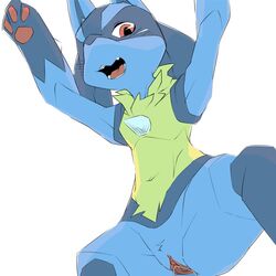 1girls 2017 anthro blue_fur blush canid canine female flat_chest fur lucario mammal navel nintendo nude pokemon pokemon_(species) pu_sukebe pussy red_eyes simple_background smile solo teeth tongue video_games white_background