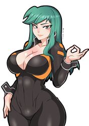 billy_(custom_robo) bodysuit breasts cleavage curvy custom_robo female green_hair kitsune_arts long_hair money_gesture standing white_background wide_hips