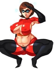 1girls abs absurdres armpits breasts cleavage disney elastigirl erect_nipples female female_only helen_parr highres huge_breasts pixar pregnant solo spread_legs squatting steam sweat the_incredibles xiceowl