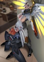 2girls 3d blender blizzard_entertainment blonde_hair breasts cunnilingus duo female female_only mercy moira momma-sleeptalker orange_hair overwatch yuri