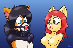 2015 ambiguous_gender amputee anthro armless ball_gag black_hair blue_eyes blush bondage breasts canid canine clary_(creamgag) countershading drooling duo featureless_breasts female fox fur gag gagged hair jasentamiia mammal nude open_mouth orange_fur red_hair renee_(jasen_tamiia) rodent saliva sciurid tan_fur tree_squirrel white_fur