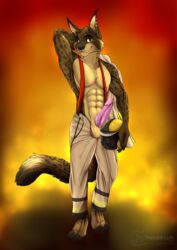 1boy 2019 animal_genitalia anthro armor balls bethesda_softworks clothed clothing costume ear_piercing ear_ring erection felid feline fire firefighter firefighter_uniform fur helmet khajiit looking_at_viewer male male_only mammal muscular nanukkluik nude pants penis piercing pinup pose razor_the_kitty simple_background smile solo standing the_elder_scrolls uniform video_games