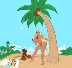 beach before_sex big_penis bikini bimbo blonde_hair bubble_butt bulge coconut earrings eliza_lightning erect_nipples hourglass_figure huge_breasts hyper_muscles interracial muscular_female muscular_male palm_tree smirk sun1sol tanned