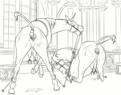 2018 anal anal_beads anal_sex animal_genitalia ball_gag bondage bound bridle dildo drooling duo equid equine female feral fur gag gagged hair hi_res horn lionsilverwolf mammal nipple_piercing nipples open_mouth outside penetration piercing saliva sex_toy unicorn