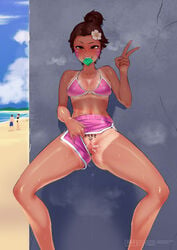 1girls against_wall alternate_costume alternate_version_available ass beach blizzard_entertainment blush body_writing bra breasts brown_hair cleavage condom condom_in_mouth curvy d.va exposed exposed_pussy eyelashes female female_only flashing hair_flower large_breasts looking_at_viewer mostly_nude navel no_panties orange_eyes outdoors overwatch pose posing presenting presenting_pussy public pussy pussy_juice pussy_juice_drip sanuki_(kyoudashya) short_hair shorts shorts_aside solo solo_focus spread_legs standing sweat tanline thick_thighs url v wall watermark waveracer_d.va writing_on_skin