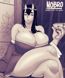 1girls big_breasts chubby cleavage clothed female female_only horns huge_ass huge_breasts larger_female long_nails monochrome nobro oni sake text thick_thighs watermark wide_hips