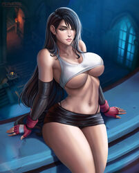 1girls armgloves big_breasts black_hair black_panties black_skirt breasts brown_eyes bursting_breasts cleavage elbow_gloves female female_only final_fantasy final_fantasy_vii fit fit_female flowerxl hair_accessory hi_res indoors large_breasts looking_at_viewer pale-skinned_female pale_skin pink_lipstick sitting sitting_on_lap solo square_enix thick_thighs tifa_lockhart topwear underboob video_game_character watermark white_topwear