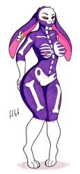 2019 anthro bare_shoulders black_sclera bone breasts curvaceous eyebrows eyelashes female fur haibet hare hi_res lagomorph leporid long_ears looking_at_viewer mammal nipples nude pussy rabbit simple_background skeleton smile solo standing thick_thighs traditional_media_(artwork) white_background