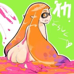 1:1_aspect_ratio animal_humanoid anthro ass blush cephalopod cephalopod_humanoid domino_mask embarrassed female female_only humanoid ink inkling inkling_girl kaori_(splatoon) looking_back low_resolution mask mask_(marking) messy momo&a nintendo nude orange_eyes orange_hair pointed_ears pointy_ears posterior_cleavage pseudo_hair solo splatoon splatoon_(series) squid sweatdrop tentacle tentacle_hair