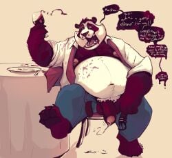 2021 alcohol anthro balls bear belly beverage big_belly blue_bottomwear blue_clothing blue_pants bodily_fluids bottomwear brown_balls brown_body brown_fur brown_hair brown_penis chocolateandmilk clothed clothing container cup dated drinking_glass english_text foreskin front_view fur furniture genital_fluids genitals giant_panda glass glass_container glass_cup hair hi_res holding_container holding_cup holding_drinking_glass holding_object holding_wine_glass humanoid_genitalia humanoid_penis male mammal moobs narrowed_eyes navel necktie nipples obese obese_anthro obese_male one_eye_closed open_clothing open_mouth open_topwear overweight overweight_anthro overweight_male pants penis precum precum_string red_necktie short_hair signature simple_background sitting solo speech_bubble table text topwear white_body white_clothing white_fur white_topwear wine wine_glass