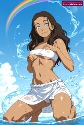 ai_assisted ai_generated avatar_the_last_airbender barefoot bikini blue_eyes blue_sky breasts brown_hair cameltoe closed_mouth cloud covered_nipples dark-skinned_female dark_skin day female female_only grabbing_own_breast katara kneeling long_hair looking_at_viewer medium_breasts navel nickelodeon nicktoons nipples outdoors rainbow sarong see-through sky smile solo stelmazura strapless swimsuit tube_top water wet white_bikini