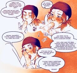 2boys arguing beanie blowjob blowjob_face cocky cum cum_in_mouth cum_on_face dialogue_bubble dirty_talk fellatio fiishboner fushimi_saruhiko gay gay_blowjob giving_head k_(anime) male/male male_only piercing piercings punk punk_boy red_hair sloppy sloppy_blowjob slutboy snakebite_piercing teasing tongue_out_blowjob tongue_piercing uncircumcised yata_misaki