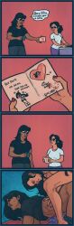 2girls black_hair brown_lips bulldog_position comic dark-skinned_female dark_skin ellie_(holleringelk) english_text height_difference holleringelk interracial interracial_yuri lesbian_sex long_hair out-of-frame_censoring red_lipstick red_nails sex sex_from_behind speech_bubble strap-on strap-on_sex tall_female vivian_(holleringelk) webcomic yuri