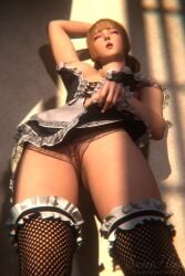 1girls 3d against_wall blonde_hair closed_eyes emilie_de_rochefort exposed_breasts fishnet_legwear fishnets grool hand_above_head lace_trim lifting_skirt maid maid_outfit maid_uniform makeup pussy pussy_juice skirt_lift solo stockings sweethime tekken tekken_8