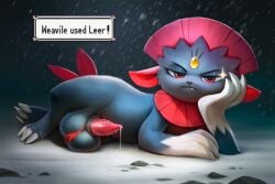 ai_generated animal_genitalia animal_penis annoyed anthro balls bodily_fluids boopamorgz canine_penis claws cum dialogue dripping english_text erection fur generation_4_pokemon genital_fluids genitals grumpy hi_res knot looking_at_viewer lying male narrowed_eyes nintendo nude on_side penis pokemon pokemon_(species) precum precum_drip red_eyes simple_background solo talking_to_viewer text tuft unimpressed weavile