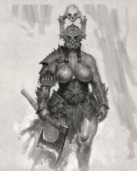 areola areolae armor armored_female artistic_nude artistic_nudity axe bare_arms bare_breasts bare_midriff bare_shoulders biceps breasts breasts_out breasts_out_of_clothes breasts_outside clavicle curvaceous curvaceous_female curvaceous_figure curvy curvy_body curvy_female curvy_figure curvy_hips curvy_thighs digital_drawing_(artwork) digital_media_(artwork) digital_painting_(artwork) exposed_breasts exposed_nipples fantasy female female_only fully_naked fully_nude greyscale hips holding_weapon hourglass_figure hourglass_figured_female justsomenoob large_breasts looking_at_viewer monochrome muscular muscular_arms muscular_female nonsexual nonsexual_nudity original original_character painting_(artwork) solo solo_female solo_focus tasteful tasteful_nudity warrior wide_hips