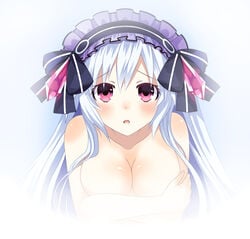 bare_shoulders blush breasts cleavage covering covering_breasts fairy_fencer_f female female hairband lolita_hairband long_hair looking_at_viewer medium_breasts nude open_mouth pink_eyes solo tiara_(fairy_fencer_f) white_hair