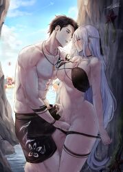 1boy 4girls abs bikini black_bikini black_hair black_swim_trunks blue_eyes blue_sky braid breasts chulsoo_kim_(closers) cleavage closers cloud fingering half_up_braid highres jewelry large_breasts long_hair looking_at_another male_swimwear mirae_(closers) multiple_girls navel necklace parted_lips pinkmarine pussy_juice red_eyes short_hair signature sky sweat swim_trunks swimsuit toned toned_male very_long_hair water white_hair
