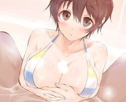 bangs bare_shoulders bathing blush breast_squeeze breasts brown_eyes brown_hair cleavage collarbone convenient_censoring female hair_between_eyes highres idolmaster idolmaster_cinderella_girls large_breasts looking_at_viewer oikawa_shizuku open_mouth paizuri short_hair soap solo_focus straight yamaguchi_(shinigami-no-barad)