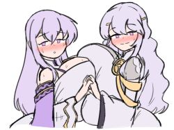alternate_breast_size big_breasts blush breast_comparison breast_press breast_size_difference breast_squeeze breast_squish breasts breasts_bigger_than_head breasts_bigger_than_torso breasts_focus breasts_squeezed_together cape circlet color colored colored_sketch comparing daughter deirdre_(fire_emblem) female female_focus female_only fire_emblem fire_emblem:_genealogy_of_the_holy_war fully_clothed fully_clothed_female gigantic_breasts gold_jewelry holding_hands huge_breasts julia_(fire_emblem) long_hair looking_at_viewer massive_breasts mommy_milkers mother mother_and_daughter open_mouth petelewddigger purple_cape purple_eyes purple_hair sketch smile sweat