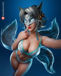 1girls 3_tails 3d 3d_(artwork) agents_of_atlas ami_han animal_ears arm_behind_head bikini blue_eyes breasts cleavage clothed clothed_female detailed eye_contact female female_focus female_only finger_on_lips fox_ears fox_girl fox_tail fox_tails francis_brown glowing_eyes hand_on_hip highres large_breasts lingerie lipstick looking_at_viewer looking_back_at_viewer marvel marvel_comics marvel_rivals mask masked masked_female medium_hair micro_bikini multiple_tails no_shirt pose red_lips seductive solo solo_female solo_focus suit thick_ass thick_thighs underwear white_female white_fox white_fox_(marvel) white_fox_(marvel_rivals) white_hair