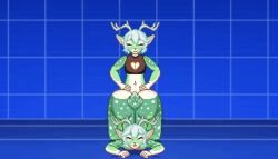 1boy 2026 anal anthro_on_anthro antlers bangs big_ass blue_background blush bubble_butt cervid cezary closed_eyes countershading deer_boy doggy_style dominant_anthro dominant_femboy facing_forward facing_viewer femboy functionally_nude furry furry_femboy gay green_fur green_hair grid_background hands_on_hips m.u.g.e.n male/male male_only micardi navel nude_male on_floor on_fours open_mouth original pixel_art selfcest shirt_only smile snout spotted_fur