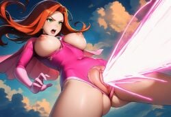 1girls ai_generated atom_eve breasts_out energy_blast female female_only flying invincible invincible_(tv_series) laser_beam midair pussy pussy_attack red_hair sky solo special_attack superheroine superpowers