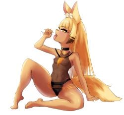 amber_eyes blowjob_gesture dark_skin female jackal_ears jackal_tail priestess shortstack small_breasts