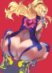 1girls alternate_breast_size ass ass_focus bangs blonde_hair blue_bodysuit bodysuit breasts cafekun dat_ass female finger_licking functionally_nude heart heart-shaped_pupils high_heels high_ponytail highres huge_ass large_breasts licking long_hair looking_at_viewer looking_back metroid nintendo ponytail pussy red_background samus_aran sideboob sidelocks squatting steam super_smash_bros. symbol-shaped_pupils thick_thighs thighs tongue tongue_out wide_hips zero_suit zero_suit_samus