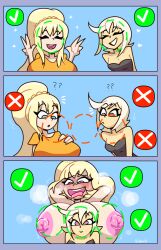 3_panel_comic 3koma ? areolae aroused art_trend blightstar breast_size_difference chris_(konosuba) clip_studio_paint_(medium) comic darkness_(konosuba) hands_behind_head head_between_breasts kono_subarashii_sekai_ni_shukufuku_wo! large_breasts nipples presenting_breasts smile steamy_breath tagme undressing v_sign