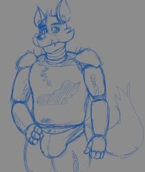 1boy 2015 animatronic anthro anthro_male anthro_only anthro_solo bulge bulge_under_clothes canid canine cheek_tuft clothed clothes clothing cupcakekangaroo damaged digital_media_(artwork) eye_patch eyepatch fangs five_nights_at_freddy's fnaf fox foxy_(fnaf) fur furry furry_male furry_only furry_solo grey_background hair_tuft hand_on_hip joints jpeg male male_anthro male_furry male_only neutral_expression no-human no_human no_humans no_visible_genitalia non-human non-human_only only_furry only_male plain_background robot_joints sharp_teeth simple_background sketch snaggle_teeth snaggle_tooth solo solo_anthro solo_furry solo_male speedo tail teeth thong uncolored video_games vulpine