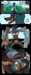 4_panel_comic 6_nipples anthro ass balls blue_hair bodily_fluids bottomwear bra bra_down canid canine canis clothed clothing collared_shirt comic cum cum_dripping_from_penis cum_on_butt cum_on_clothing dialogue dobermann domestic_dog dress_shirt english_text faceless_character faceless_male female foreskin genital_fluids genitals grinding grinding_on_leg group hair hand_on_shoulder hi_res hieronymusjohnson humanoid_genitalia humanoid_penis legwear licking licking_lips looking_at_another looking_back low-angle_view male male/female mammal multi_nipple nipples panties panties_under_pantyhose pantyhose penis penis_on_butt pinscher precum raised_bottomwear raised_clothing raised_skirt rear_view retracted_foreskin shirt skirt smug sparkles sparkling_eyes speech_bubble sweater tail teeth text tongue tongue_out topwear trio underwear unprofessional_behavior unretracted_foreskin white_bra white_clothing white_panties white_underwear window