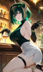ai_generated big_breasts blush breasts genshin_impact green_eyes green_hair nefer_(genshin_impact) seductive seductive_look sideboob sleeveless sleeveless_shirt sleeveless_sweater sleeveless_turtleneck teasing thick_ass thick_legs thick_thighs