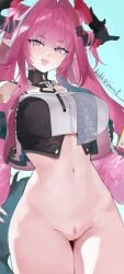 absurdres arknights arknights:_endfield bottomless chinese_commentary colored_pubic_hair commentary_request cowboy_shot dragon_girl dragon_horns female highres horns lauric_p looking_at_viewer multicolored_hair navel non-web_source open_mouth pink_eyes pink_hair pink_pubic_hair pointy_ears pubic_hair pussy sidelocks sign solo source_request sparse_pubic_hair sweatdrop yvonne_(arknights:_endfield)