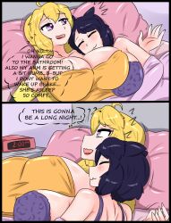 2girls big_breasts black_hair black_hair_female blake_belladonna blonde_female blonde_hair bra breasts cat_ears cleavage clock clothed_female half-dressed half_naked half_naked_female long_hair long_hair_female purple_eyes robotic_arm rwby sleeping sleeping_on_person yang_xiao_long zronku