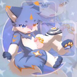 anthro autofootjob blue_body blue_eyes blue_fur blush bodily_fluids canid canine canis claws duo erection feet feral fluffy fluffy_tail foot_fetish foot_on_penis foot_play footjob fur genital_fluids genitals heterochromia hi_res humanoid_genitalia humanoid_penis male male/male mammal markings masturbation mch_txjk multicolored_eyes open_mouth orange_eyes orange_markings orange_pawpads pawpads paws penis pink_penis precum raised_leg sex simple_background sitting spread_legs spreading star star_pattern starrin tail toe_claws toes white_body white_fur wolf