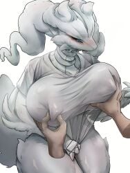 1boy absurdres breasts commentary_request grabbing_another's_breast groping highres huge_breasts legendary_pokemon mimideu64931 nipple_stimulation nipple_tweak pokemon pokemon_(creature) pokemon_(species) pokephilia pussy_juice reshiram shirt shirt_tug short_sleeves simple_background t-shirt white_background white_shirt wldud9_9
