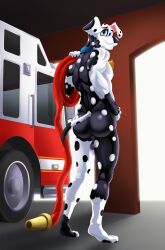 101_dalmatian_street 101_dalmatians anthro ass balls bedroom_eyes big_butt bubble_butt canid canine canis collar collar_only dal101strefan dalmatian disney domestic_dog doug_(101_dalmatians) fire_engine firefighter fur genitals hand_on_hip hi_res hose male mammal multicolored_body multicolored_fur muscular narrowed_eyes nude pawpads pose public public_nudity seductive solo spots tail truck vehicle