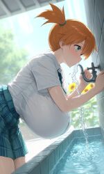 ai_generated aqua_eyes blue_skirt blush breasts button_gap clothing collared_shirt gigantic_breasts green_eyes green_skirt hair_tie hanging_breasts huge_breasts kasumi_(pokemon) large_breasts necktie orange_hair plaid plaid_skirt pleated_skirt pokemon pokemon_rgby ponytail school_uniform see-through see-through_silhouette shirt shirt_tucked_in short_hair short_sleeves side_ponytail skirt thighs tied_hair uniform wet_clothes wet_shirt white_shirt