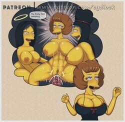 3girls abs areola_slip big_breasts big_hair bursting_breasts cleavage cydlock devil_horns female female_only halo hyper_bimbo jessica_lovejoy marge_simpson maude_flanders milf multiple_girls nipple_piercing oni_horns partial_male the_simpsons url yellow_skin