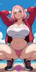 ai_generated ass big_breasts bikini boruto:_naruto_next_generations boruto:naruto_next_generations breasts cleavage clothed fanart female female_focus female_only green_eyes hairband hands_behind_head jacket jorgecarlosai light_smile milf mommy mommy_kink mommy_milkers naruto naruto_(series) navel pink_bikini pink_hair red_jacket sakura_haruno sakura_uchiha sand sexy shoes short_hair squatting tank_top toned toned_body toned_female water watermark white_tank_top