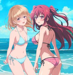 2girls ai_generated arms_behind_back bare_legs bare_shoulders beach blonde_hair blue_bikini blush cleavage collarbone large_breasts long_hair looking_at_viewer medium_breasts red_bikini red_eyes red_hair ribbons sideboob smilng standing string_bikini