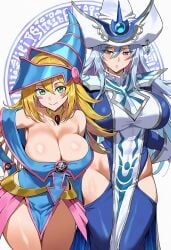 2girls ai_assisted ai_generated dark_magician_girl duel_monster huge_breasts magic_circle silent_magician smashall yu-gi-oh!