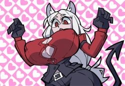1girls 2026 alternate_breast_size animal_ears animal_humanoid arms_up belt big_breasts black_gloves breast_expansion breast_growth breasts bursting_breasts busty canid canine canine_humanoid canis cerberus_(helltaker) cleavage clothed clothed_female clothing cowboy_shot curvaceous curvy demon demon_girl demon_tail dog_ears dress_shirt expansion female front_view fully_clothed gloves grey_skin hair handwear heart_background helltaker hi_res hourglass_figure huge_breasts humanoid kemonomimi large_breasts legs_together light-skinned_female light_skin long_hair looking_at_breasts looking_at_self looking_down mammal mammal_humanoid nipple_bulge oerba_yun_fang open_mouth pale_skin parallaxfused parted_bangs pattern_background red_eyes solo spade_tail standing straining_buttons surprised tail thick_thighs thighs tied_hair tight_clothing tight_shirt very_long_hair white_hair wide_hips