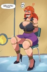 arms_behind_back ball_gag blush bondage chair chair_bondage cleavage drooling elite_four exclamation_point gag gagged gagged_female gagged_speech glasses large_breasts lizwoss lorelei_(pokemon) lorelei_(pokemon_frlg) nintendo pencil_skirt pokeball_gag pokemon pokemon_frlg pokemon_rgby red_hair rope rope_bondage rope_harness short_skirt speech_bubble